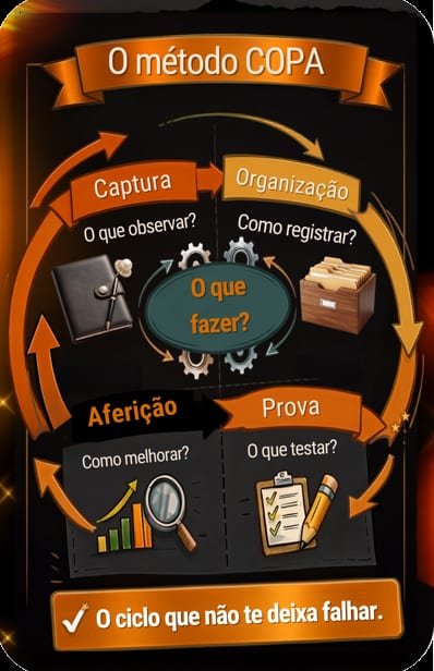 Diagrama do Método COPA: as quatro fases Captura, Organização, Prova e Aferição em ciclo contínuo ao redor da pergunta 'O que fazer?', com o lema 'O ciclo que não te deixa falhar.'