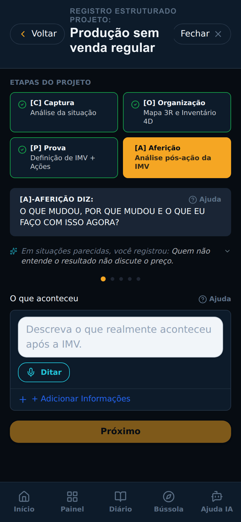 Registro estruturado do Operador de Precisão, com as quatro fases do Método COPA: Captura, Organização e Prova concluídas, Aferição ativa em âmbar.